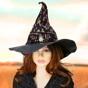 Dark Rainbow Witch Hat, Unique Celestial Wizard, Crooked Wired Tip, Sun Moon Star