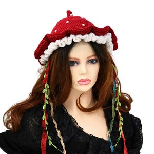 Spotted Mushroom Fae Hat with Ties, Renfaire Costume Festival Hat, Fly Agaric, Fairy Ribbons Hat, with Gills, Short Soft Point Amanita Hat