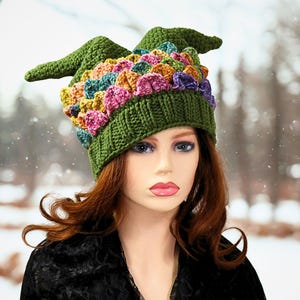 Dragon Beanie Hat with Horns, Fun Winter Hat, For Him Her, Dragon Lover Gift, Colorful Scales, Jester Style Points, Double Pointed Beanie