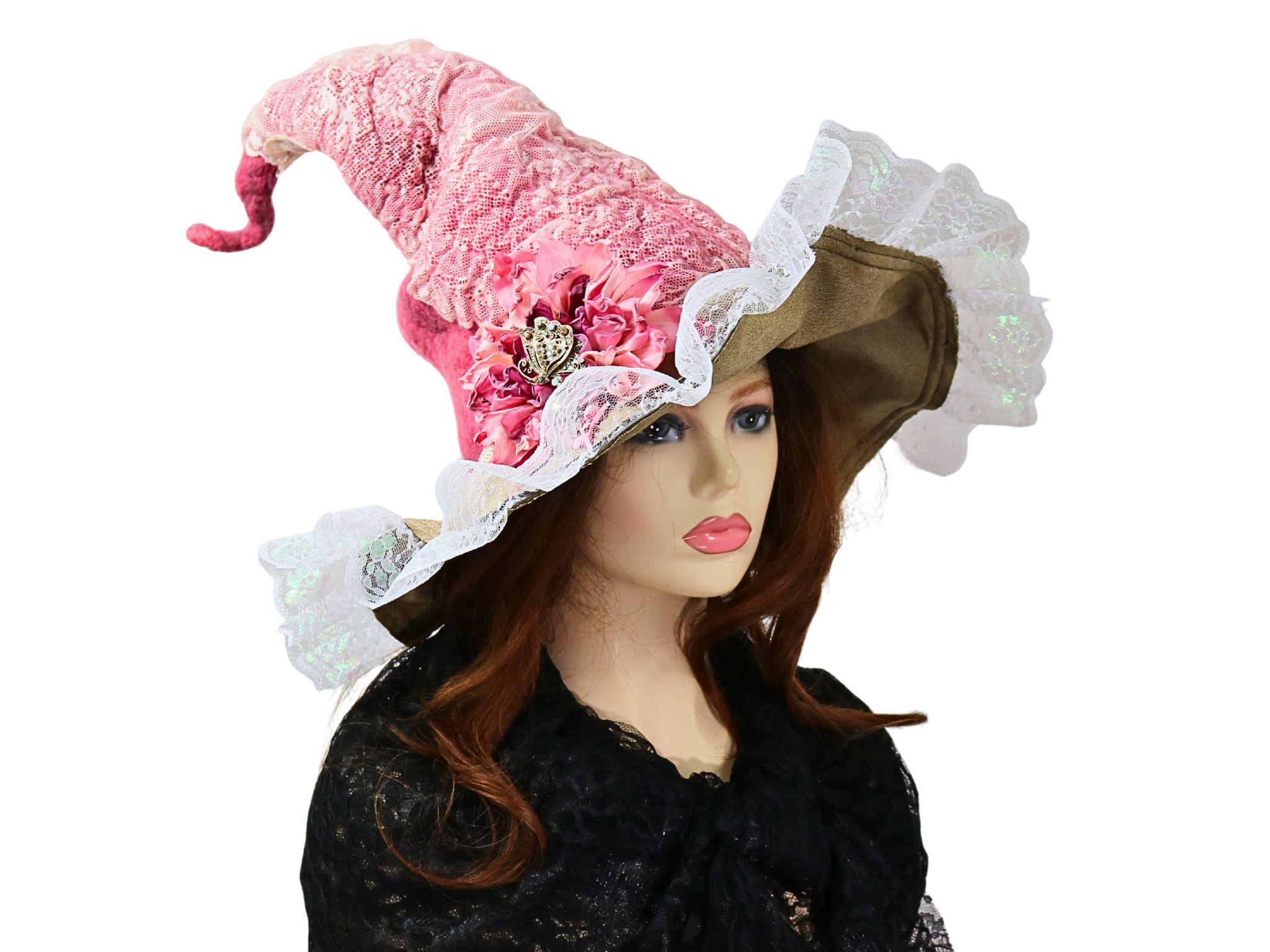 Cottage Witch Hat, Hand Dyed Felt, Cosplay Pink Fairy Godmother, Renfaire Costume, Oz Good Witch Vibes, Fancy Festival Hat, Lace Trim Brim