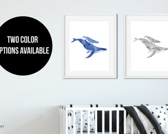 Whale Nursery- Watercolor Whale Art- Whale Wall Decor- Nursery Printable- Whale Bedroom Decor- Whale Decor- Whale watercolor- Nautical Baby