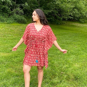 Hand Block Printed Cotton Kaftan, Beach Coverup, India Print Caftan, Cotton Kaftan, Short Kaftan Dress, Block Print Caftan, Red Kaftan