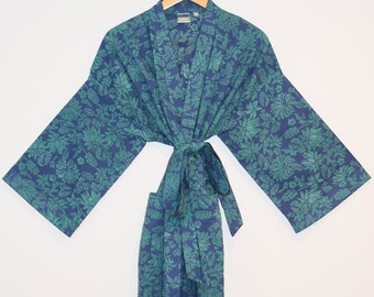 Hand Block Print Cotton Kimono Robe, Lightweight Cotton Bathrobe, Dressing Gown, Wood Block Print, Midi Length Robe, Navy Floral Kimono Robe