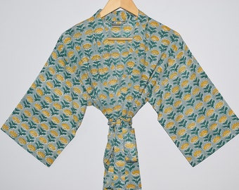 Hand Block Printed Kimono Robe, India Wood Block Print, Lightweight Cotton Robe, Bathrobe, Cotton Dressing Gown, Coverup, Green Floral Print