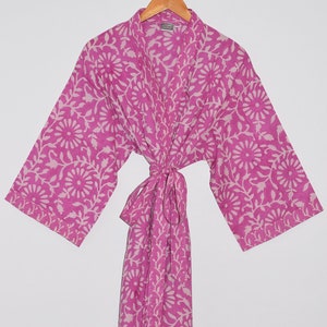 Block Printed Kimono Robe, Hand Block Print Robes, Lightweight Cotton Bathrobe, Cotton Dressing Gown, Beach Coverup, Pink Floral Cotton Robe image 1