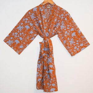 Block Print Cotton Kimono Robe, India Wood Block, Lightweight Cotton Bathrobe, Short Dressing Gown, Travel Robe, Orange Floral, Gift for Her image 1