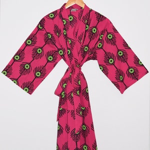 Block Print Cotton Kimono Robe, India Wood Block, Lightweight Cotton Bathrobe, Short Dressing Gown, Travel Robe, Peacock Print, Evil Eye image 1