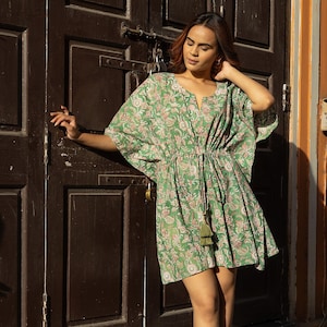 Hand Block Printed Cotton Kaftan, Beach Coverup, India Print Caftan, Cotton Kaftan, Short Kaftan Dress, Block Print Caftan, Floral Kaftan
