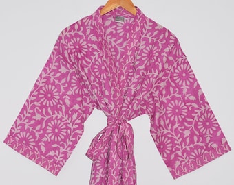 Block Printed Kimono Robe, Hand Block Print Robes, Lightweight Cotton Bathrobe, Cotton Dressing Gown, Beach Coverup, Pink Floral Cotton Robe