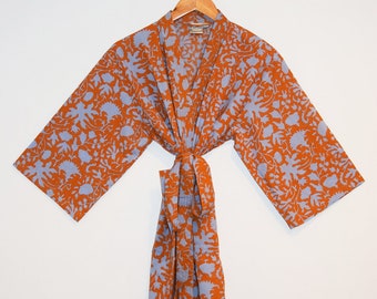 Block Print Cotton Kimono Robe, India Wood Block, Lightweight Cotton Bathrobe, Short Dressing Gown, Travel Robe, Orange Floral, Gift for Her