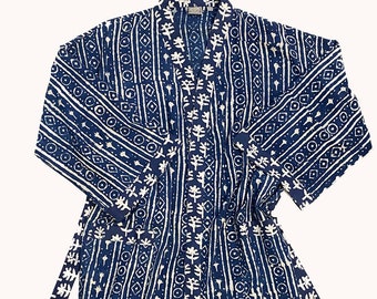Hand Block Printed Cotton Kimono Robe, Lightweight Cotton Bathrobe, Dressing Gown, Wood Block Print, Midi Robe, Natural Indigo Print Kimono