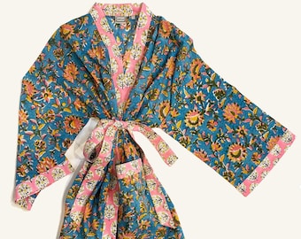 Hand Block Printed Cotton Kimono Robe, Lightweight Cotton Bathrobe, Dressing Gown, Wood Block Print, Midi Robe, Contrast Print Kimono