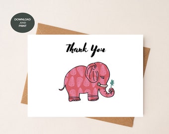 Thank You Digital Card | Elephant Card | Elephant Illustration | Printable Cards | Instant Download | Cute Elephant | Minimalist Thank You