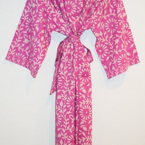 Block Printed Kimono Robe, Hand Block Print Robes, Lightweight Cotton Bathrobe, Cotton Dressing Gown, Beach Coverup, Pink Floral Cotton Robe image 5