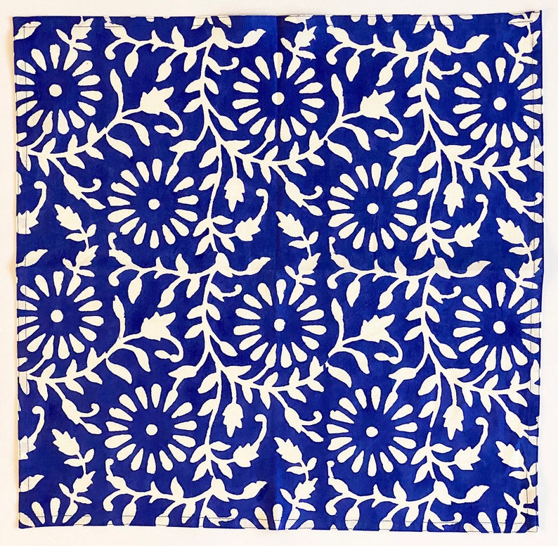 Set of 4 Block Print Cotton Napkins, Hand Blocked Cloth Napkins, Modern Home Decor, Table Setting, Hand Printed Napkin, Royal Blue Floral image 6