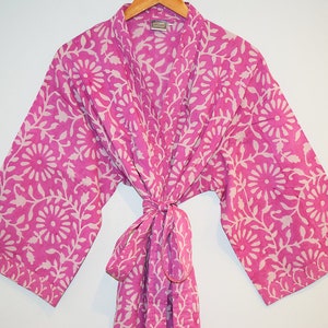 Block Printed Kimono Robe, Hand Block Print Robes, Lightweight Cotton Bathrobe, Cotton Dressing Gown, Beach Coverup, Pink Floral Cotton Robe image 2