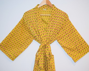 Hand Block Print Kimono, Cotton Bathrobe, Lightweight Cotton Robe, Cotton Dressing Gown, Short Kimono, Wood Block Print, Yellow Floral Robe