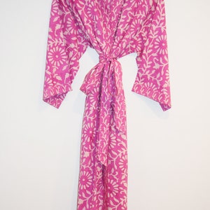 Block Printed Kimono Robe, Hand Block Print Robes, Lightweight Cotton Bathrobe, Cotton Dressing Gown, Beach Coverup, Pink Floral Cotton Robe image 3