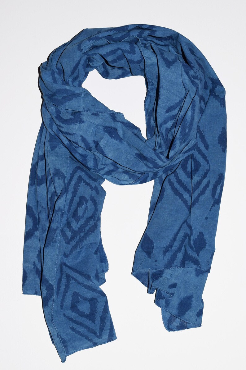 Hand Block Printed Scarf, Lightweight Cotton Scarf, Wood Block Printed, Travel Scarf, Ikat Print, India Scarf, Natural Indigo Print Scarf image 1