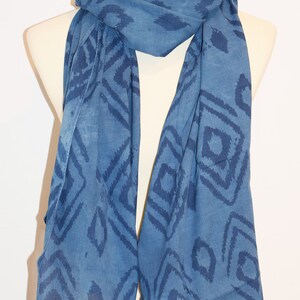 Hand Block Printed Scarf, Lightweight Cotton Scarf, Wood Block Printed, Travel Scarf, Ikat Print, India Scarf, Natural Indigo Print Scarf image 3