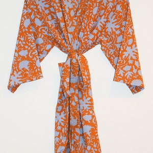 Block Print Cotton Kimono Robe, India Wood Block, Lightweight Cotton Bathrobe, Short Dressing Gown, Travel Robe, Orange Floral, Gift for Her image 2