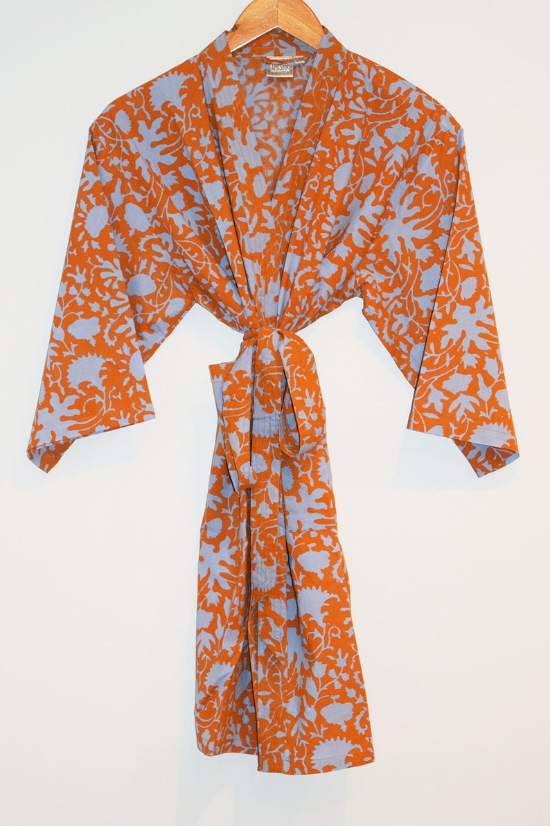 Block Print Cotton Kimono Robe, India Wood Block, Lightweight Cotton Bathrobe, Short Dressing Gown, Travel Robe, Orange Floral, Gift for Her image 2