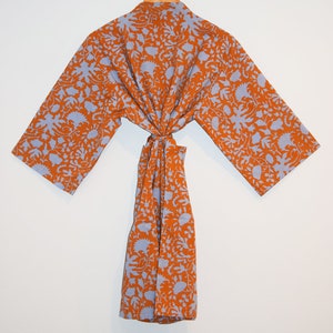 Block Print Cotton Kimono Robe, India Wood Block, Lightweight Cotton Bathrobe, Short Dressing Gown, Travel Robe, Orange Floral, Gift for Her image 3