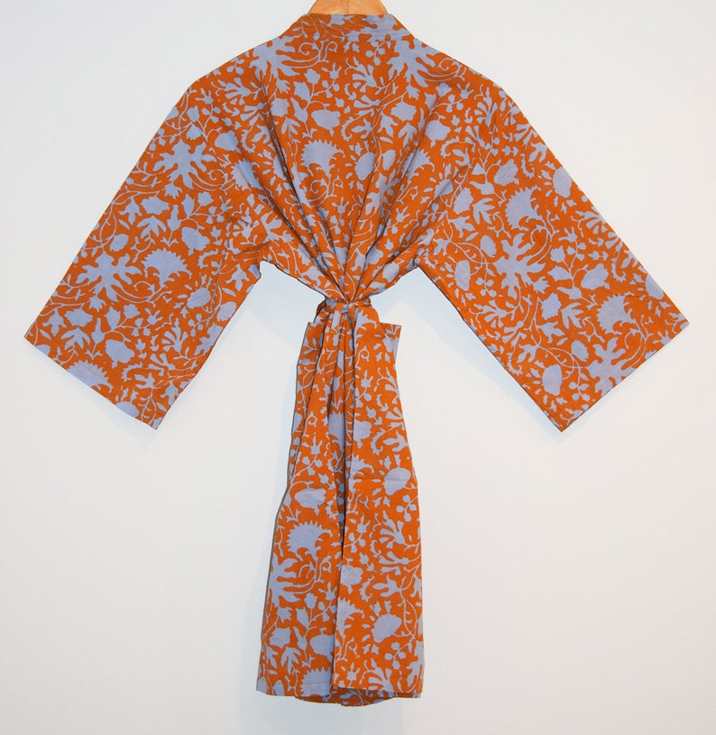 Block Print Cotton Kimono Robe, India Wood Block, Lightweight Cotton Bathrobe, Short Dressing Gown, Travel Robe, Orange Floral, Gift for Her image 3