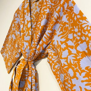 Block Print Cotton Kimono Robe, India Wood Block, Lightweight Cotton Bathrobe, Short Dressing Gown, Travel Robe, Orange Floral, Gift for Her image 4