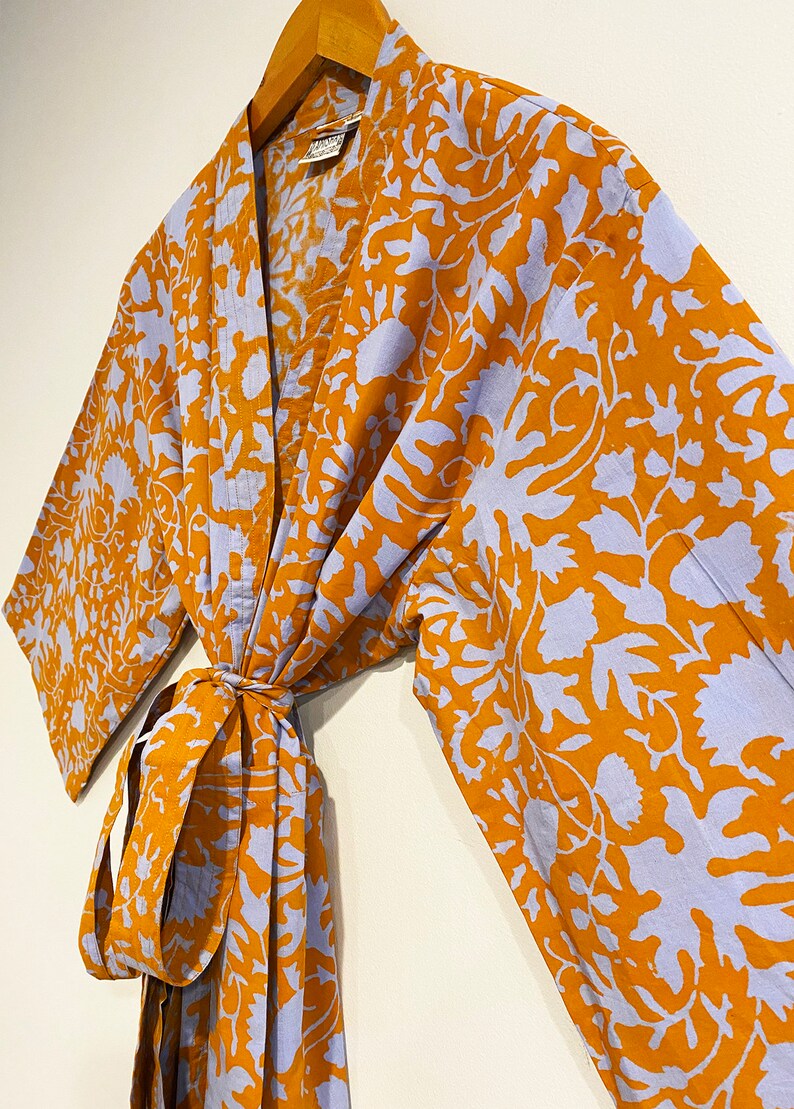 Block Print Cotton Kimono Robe, India Wood Block, Lightweight Cotton Bathrobe, Short Dressing Gown, Travel Robe, Orange Floral, Gift for Her image 4