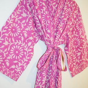 Block Printed Kimono Robe, Hand Block Print Robes, Lightweight Cotton Bathrobe, Cotton Dressing Gown, Beach Coverup, Pink Floral Cotton Robe image 4