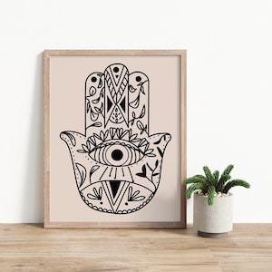 Hamsa Hand Art, Digital Art Print, India Hamsa Art, Modern Home Decor, Boho Art Print, Hamsa Eye Print, Yoga Art, Minimalist Eyes Print image 1