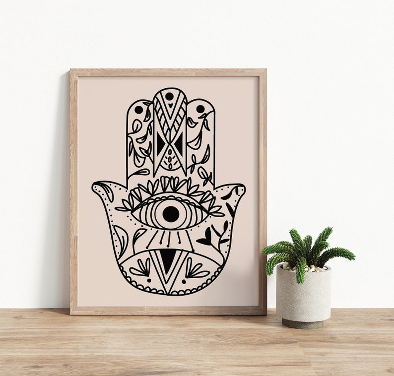 Hamsa Hand Art, Digital Art Print, India Hamsa Art, Modern Home Decor, Boho Art Print, Hamsa Eye Print, Yoga Art, Minimalist Eyes Print image 1