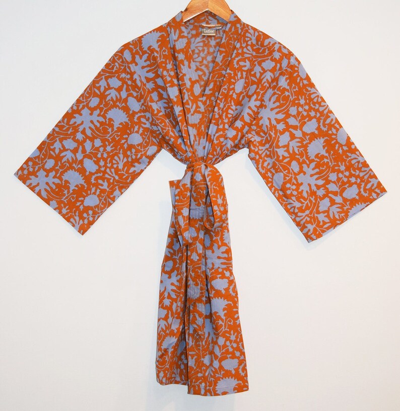 Block Print Cotton Kimono Robe, India Wood Block, Lightweight Cotton Bathrobe, Short Dressing Gown, Travel Robe, Orange Floral, Gift for Her image 1