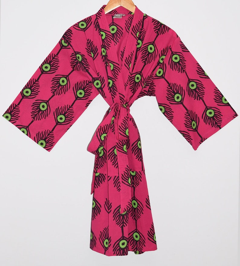 Block Print Cotton Kimono Robe, India Wood Block, Lightweight Cotton Bathrobe, Short Dressing Gown, Travel Robe, Peacock Print, Evil Eye image 1