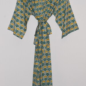 Hand Block Printed Kimono Robe, India Wood Block Print, Lightweight Cotton Robe, Bathrobe, Cotton Dressing Gown, Coverup, Green Floral Print image 2