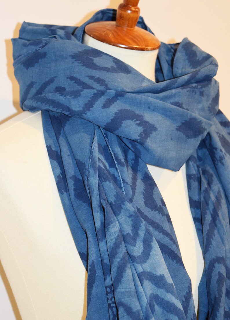 Hand Block Printed Scarf, Lightweight Cotton Scarf, Wood Block Printed, Travel Scarf, Ikat Print, India Scarf, Natural Indigo Print Scarf image 4