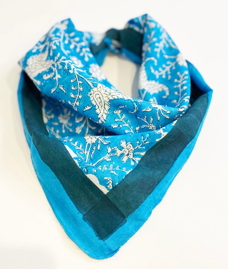 Hand Block Printed Bandana Scarf, Bandanna, Floral Block Print, Cotton Head Scarf, Border Print, Headband, Hair Wrap, Wood Blocked Bandana image 2