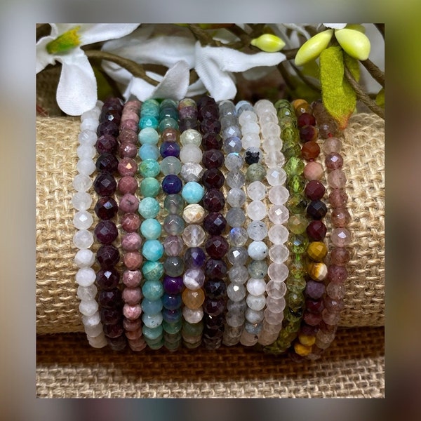 Gemstone bracelets/micro faceted beads/dainty bracelet/4mm beads/layering bracelet/stretch bracelet