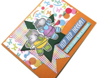 Handmade Hip Hip Hooray Birthday Card With Copic Colored Hula Hooping Hippos Die Cut Festive Background So Let's Celebrate Your Birthday