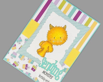 Sending Monster Birthday Wishes | Yellow Fuzzy Monster Themed Handmade Birthday Greeting Card | 230084