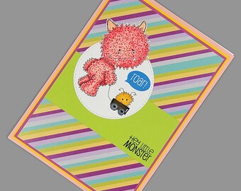 Roar | Hey Little Monster | Pink Fuzzy Monster Themed Handmade Birthday Greeting Card | 230082