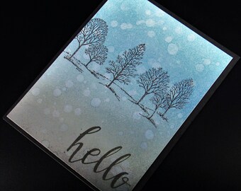 Handmade Thinking Of You Card - Hello - Homemade Blue Watercolor Treeline Themed Greeting Card                                      ~ 18TO2