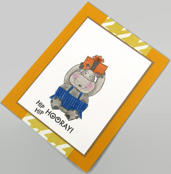 Clearance Hip Hip Hooray Hippo Holding Gift Birthday Card Etsy