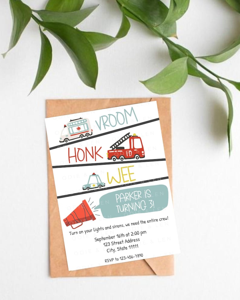 BIRTHDAY INVITATION | Emergency Vehicles, First Responder - Etsy