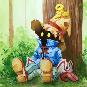 Impresión artística de personajes de Vivi y Chocobo / Final Fantasy 9 / Originalmente pintada a mano con gouache sobre papel de acuarela