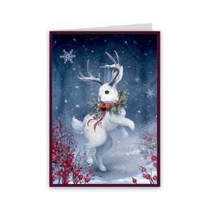 Cartão de felicitações de Natal Snowy Jackalope | Cartão 100% feito à mão | Detalhes em folha de prata | Obra de arte original