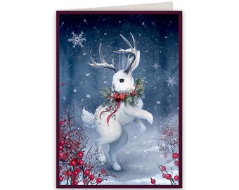 Snowy Jackalope Christmas Holiday Greeting Card | 100% Handmade card | Silver foil accents | Original artwork