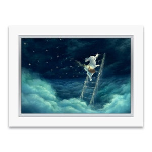 Premium Art Print &quot;The Star Ladder&quot; - Bunny Rabbit climbing to the moon and sky - hand-embellished with Swarovski crystals and double-matted