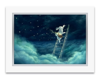 Premium Art Print "The Star Ladder" - Bunny Rabbit climbing to the moon and sky - hand-embellished with Swarovski crystals and double-matted